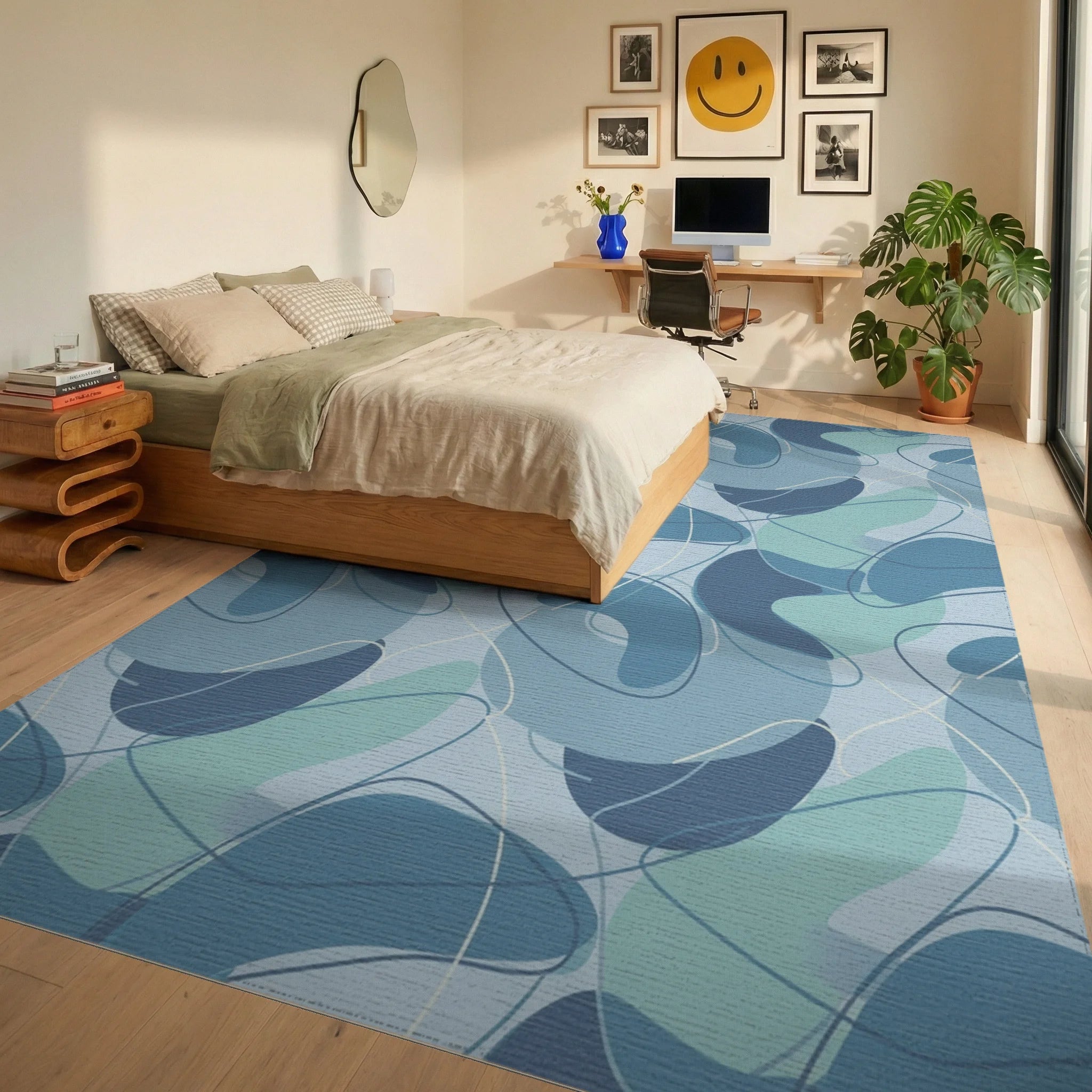 Aqua Blue Abstract Blobs Swirls Rug Bedroom View