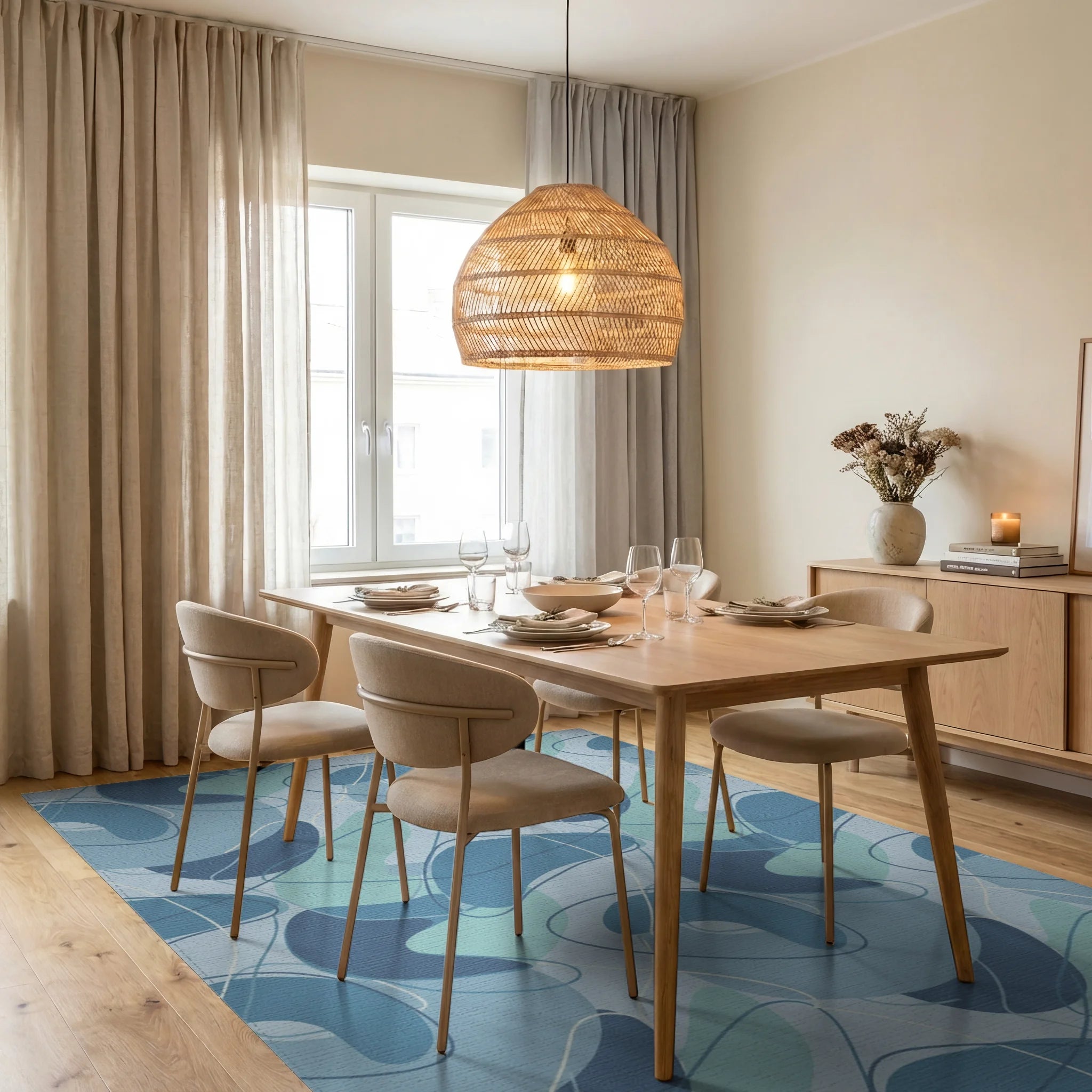 Aqua Blue Abstract Blobs Swirls Rug Dining Room View