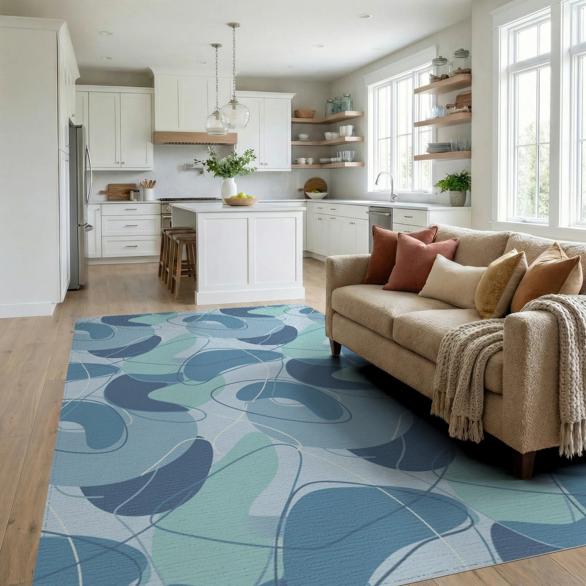 Aqua Blue Abstract Blobs Swirls Rug Living Room View