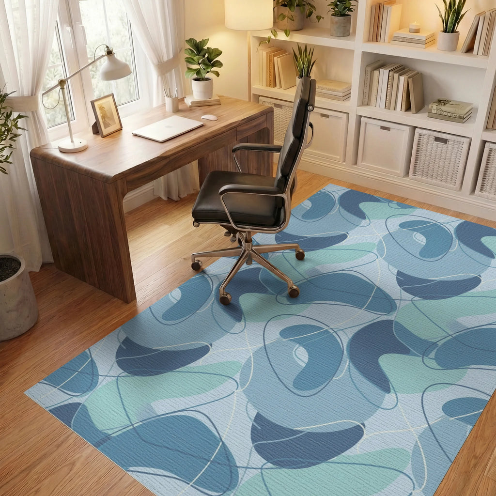 Aqua Blue Abstract Blobs Swirls Rug Office View