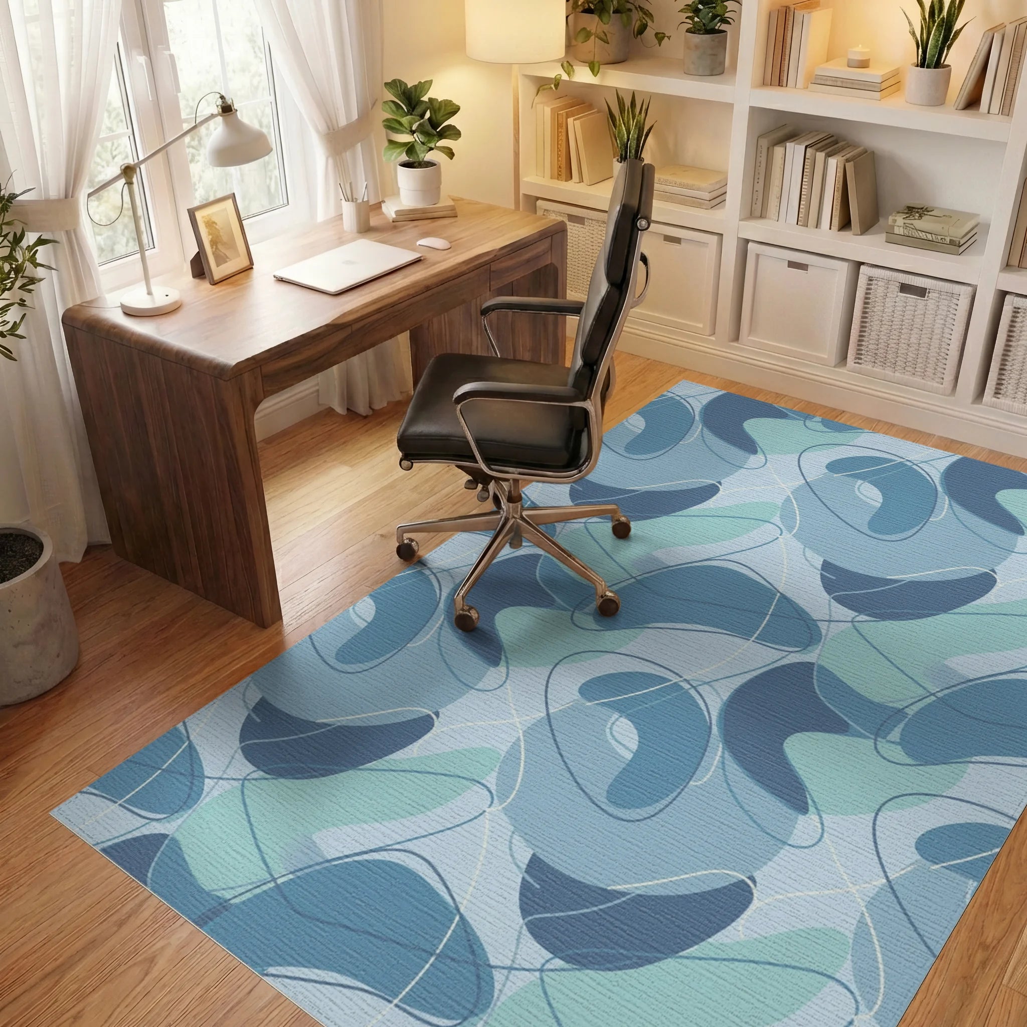 Aqua Blue Abstract Blobs Swirls Rug Office View
