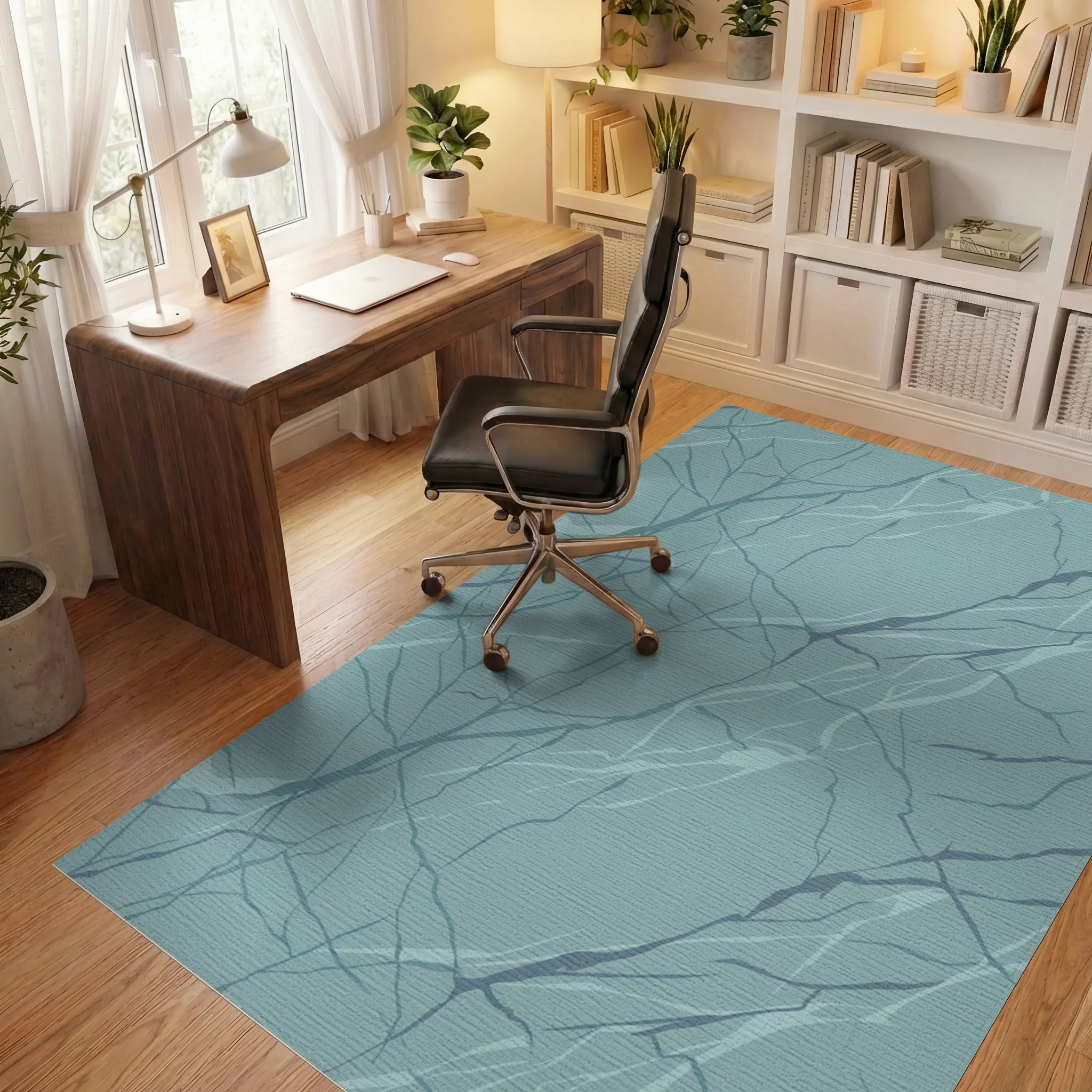 Aqua Blue Marble Vein Rug Office View
