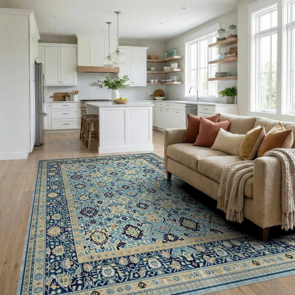 Aqua Blue Medallion Floral Border Rug - Living Room View