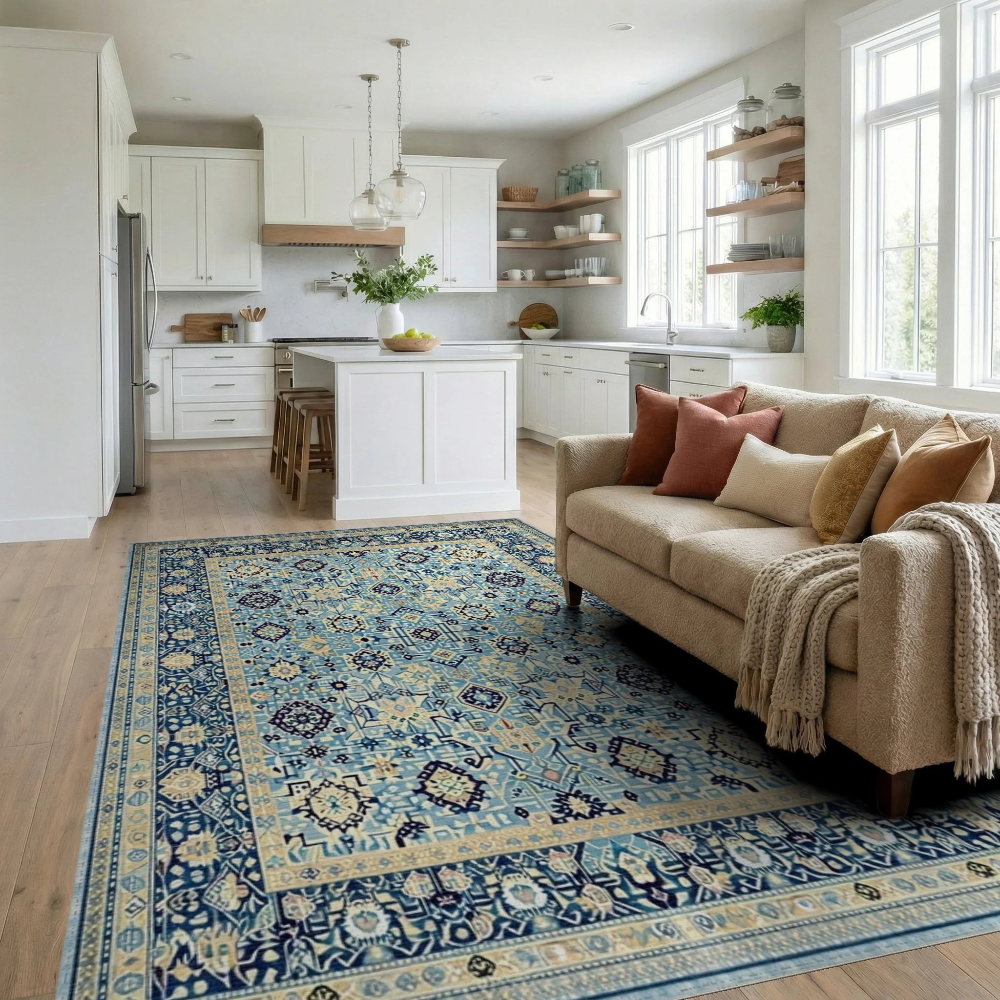 Aqua Blue Medallion Floral Border Rug - Living Room View