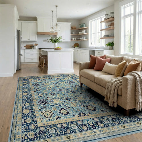 Aqua Blue Medallion Floral Border Rug - Living Room View