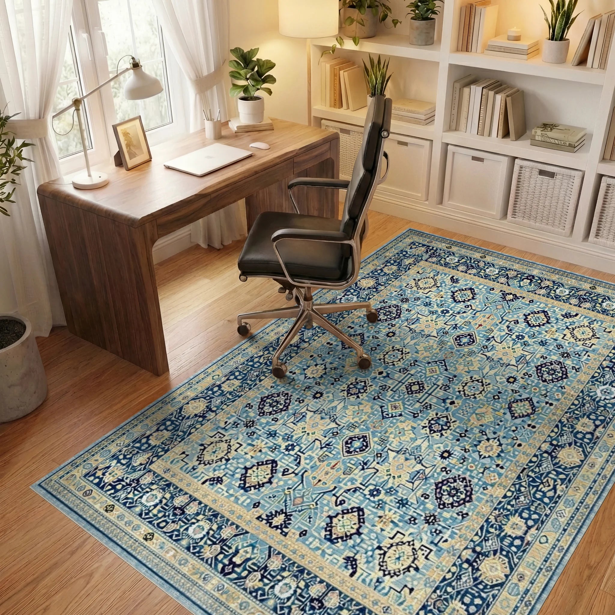 Aqua Blue Medallion Floral Border Rug - Office View