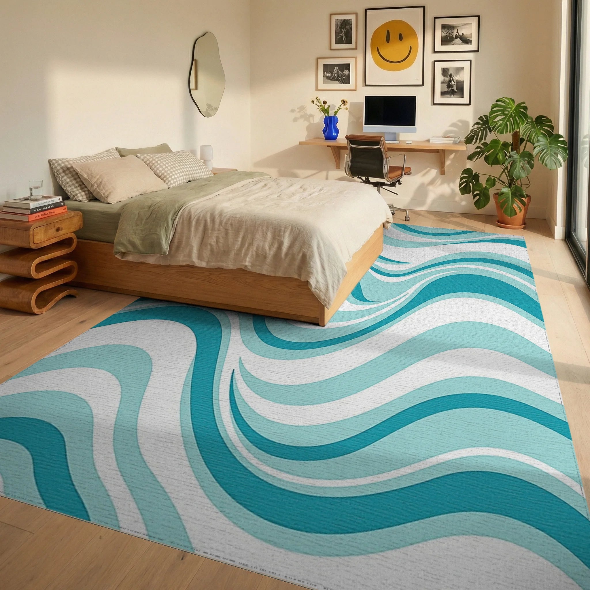 Aqua Blue Wavy Stripe Design Rug Bedroom View