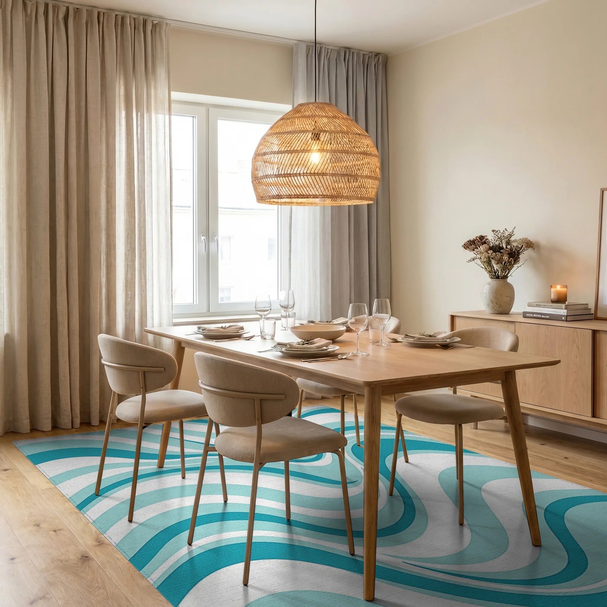 Aqua Blue Wavy Stripe Design Rug Dining Room View