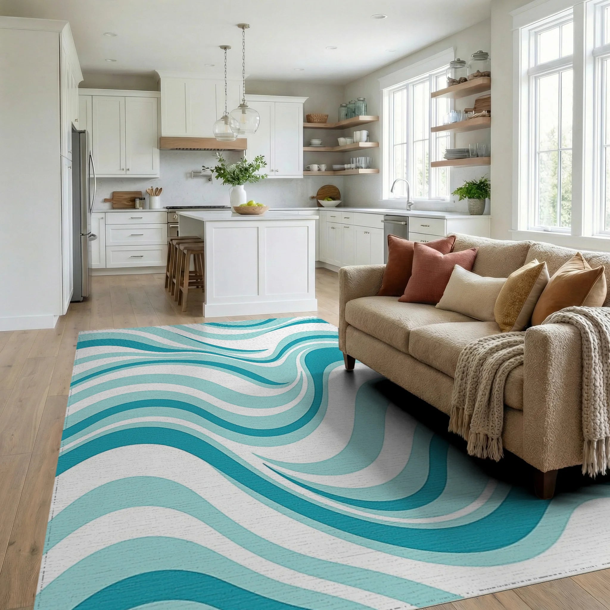 Aqua Blue Wavy Stripe Design Rug Living Room View
