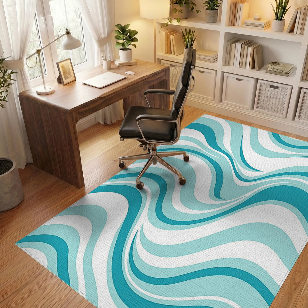 Aqua Blue Wavy Stripe Design Rug Office View