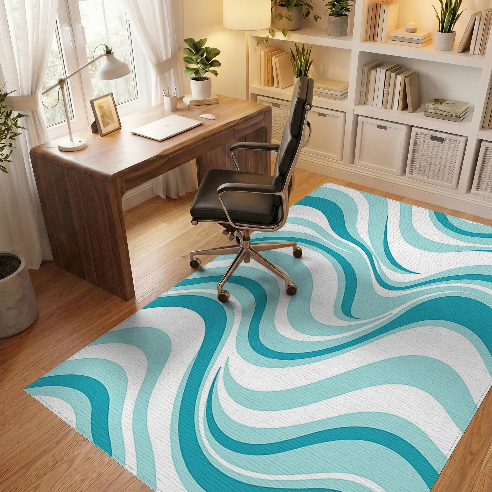 Aqua Blue Wavy Stripe Design Rug Office View