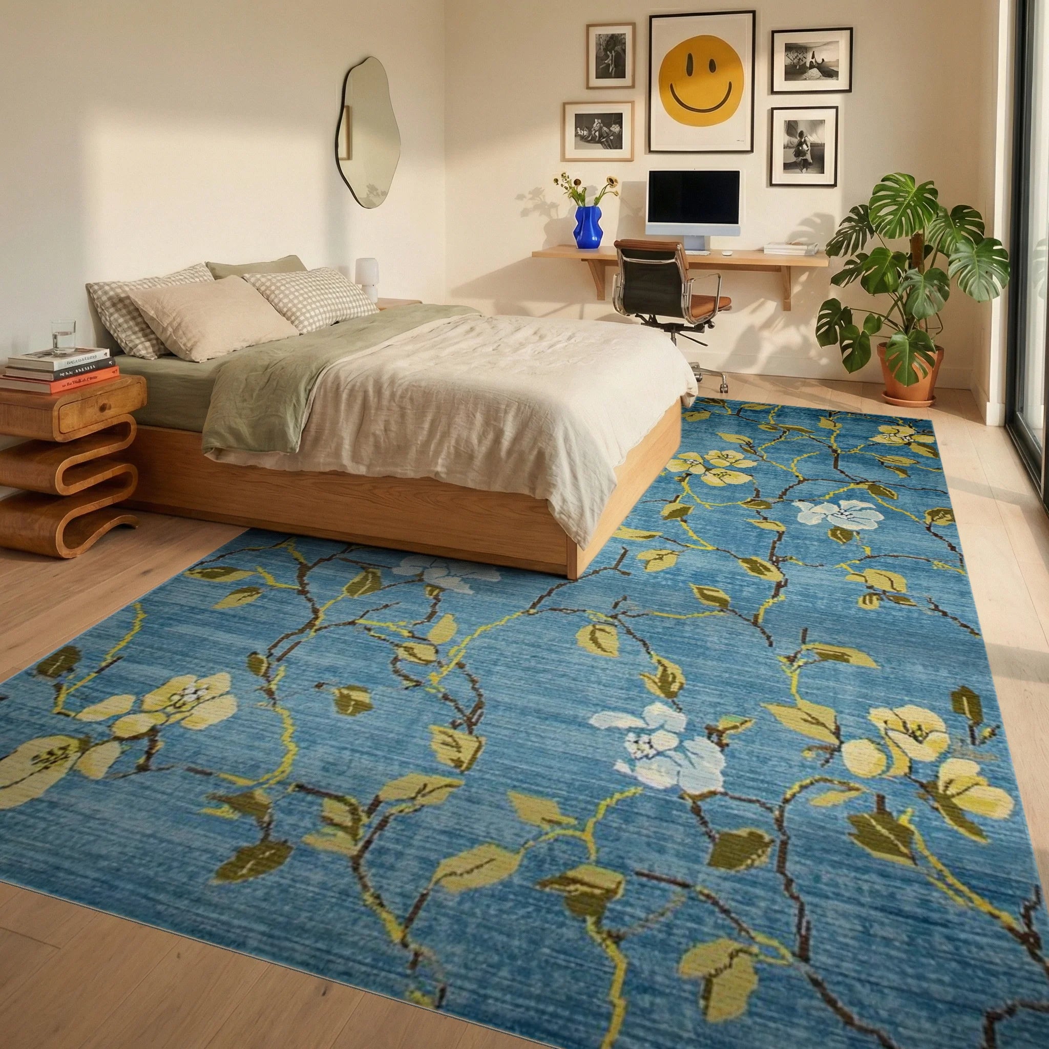 Aqua Floral Vine Branches Rug - Bedroom View