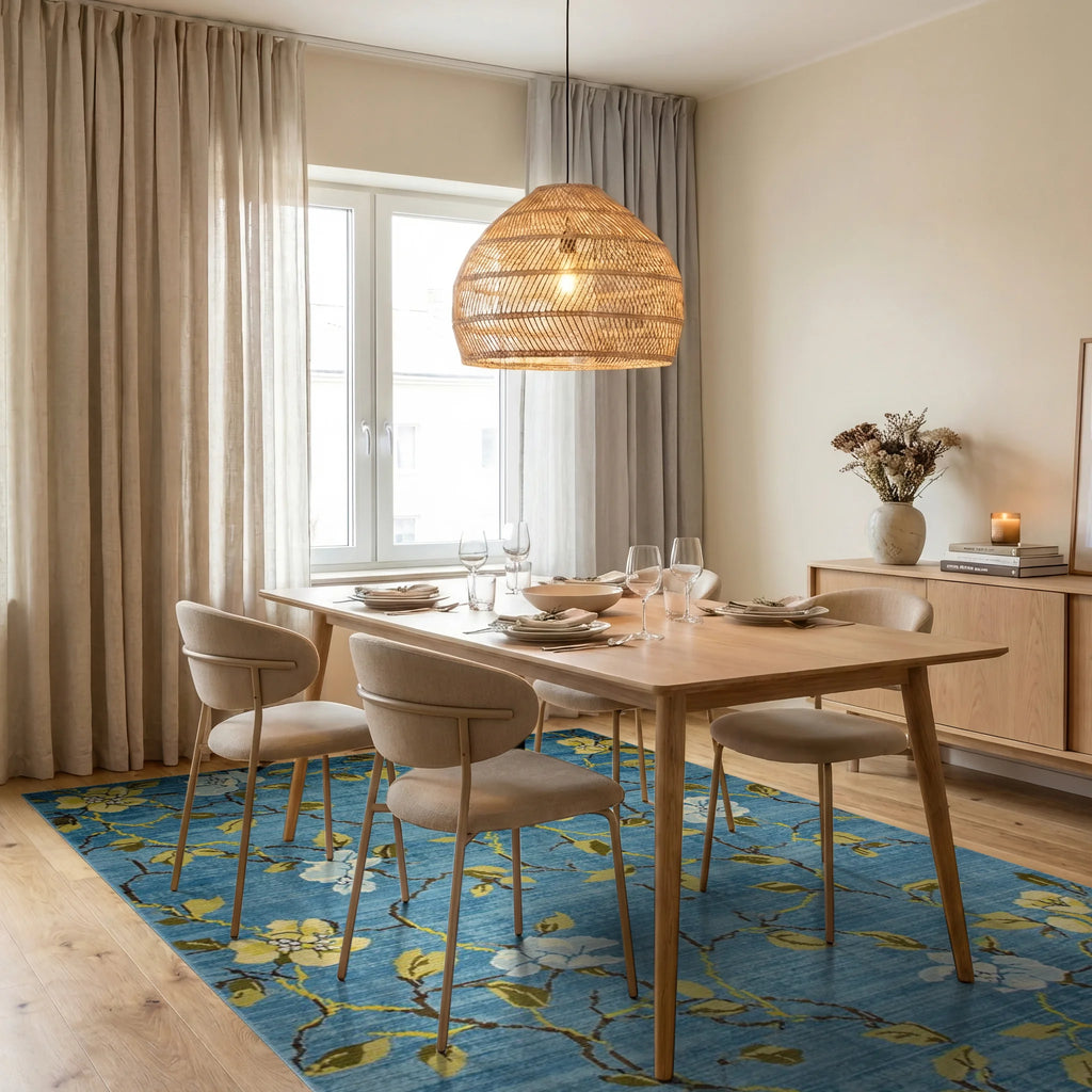 Aqua Floral Vine Branches Rug - Dining Room View