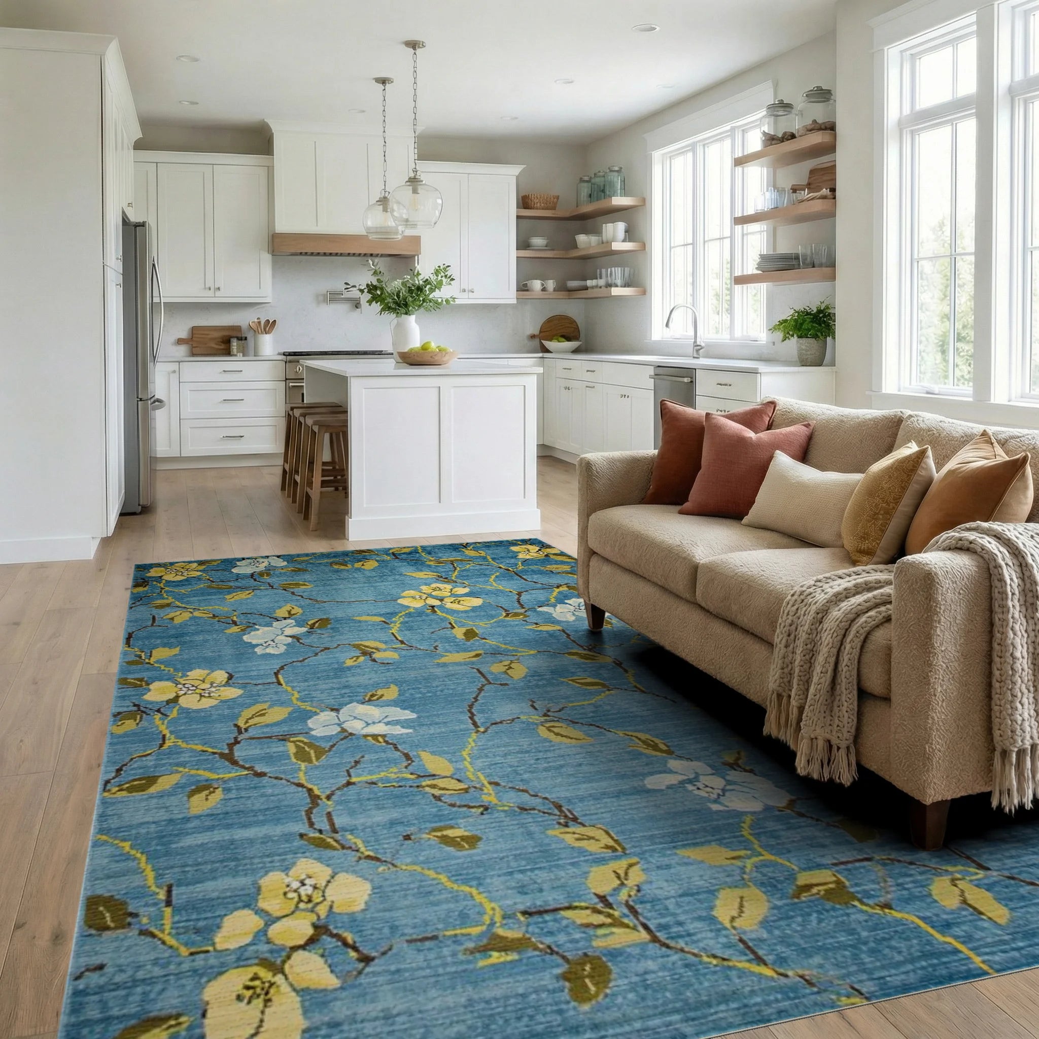 Aqua Floral Vine Branches Rug - Living Room View