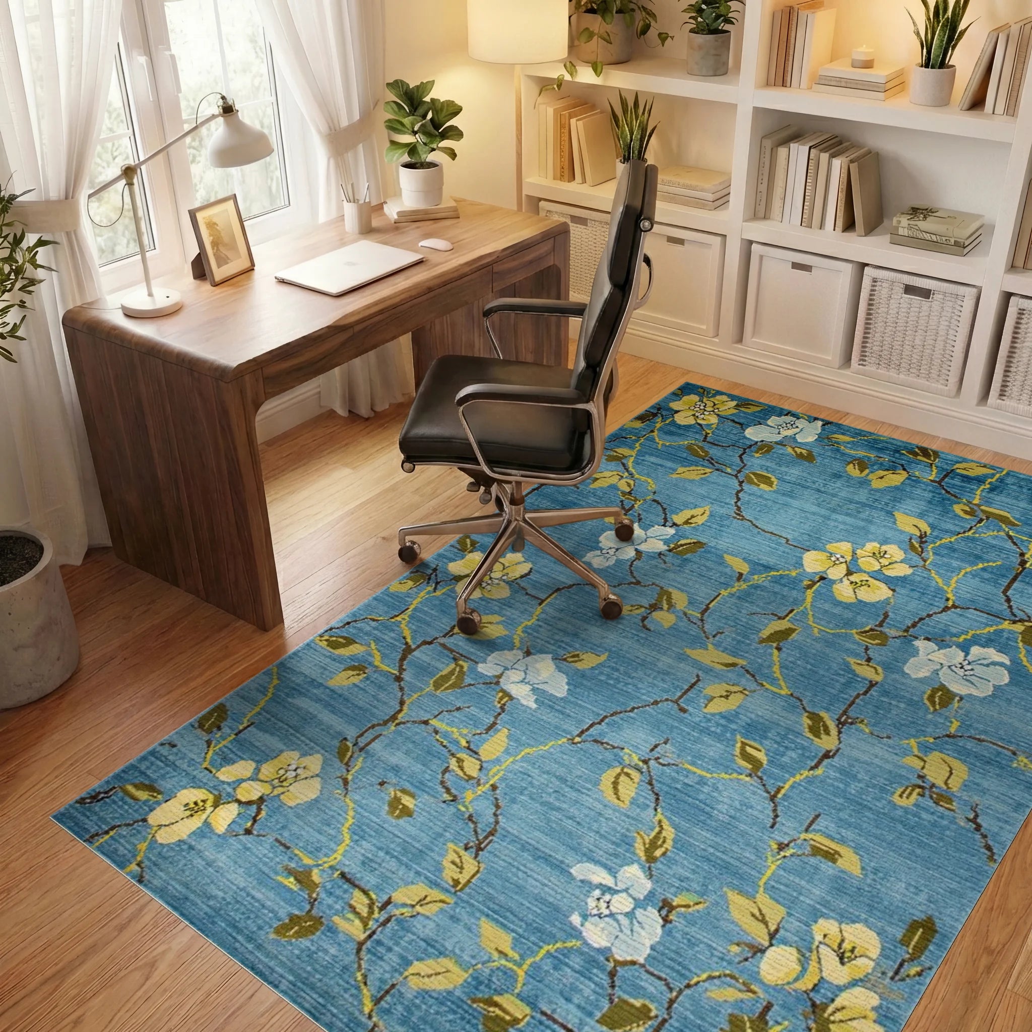 Aqua Floral Vine Branches Rug - Office View