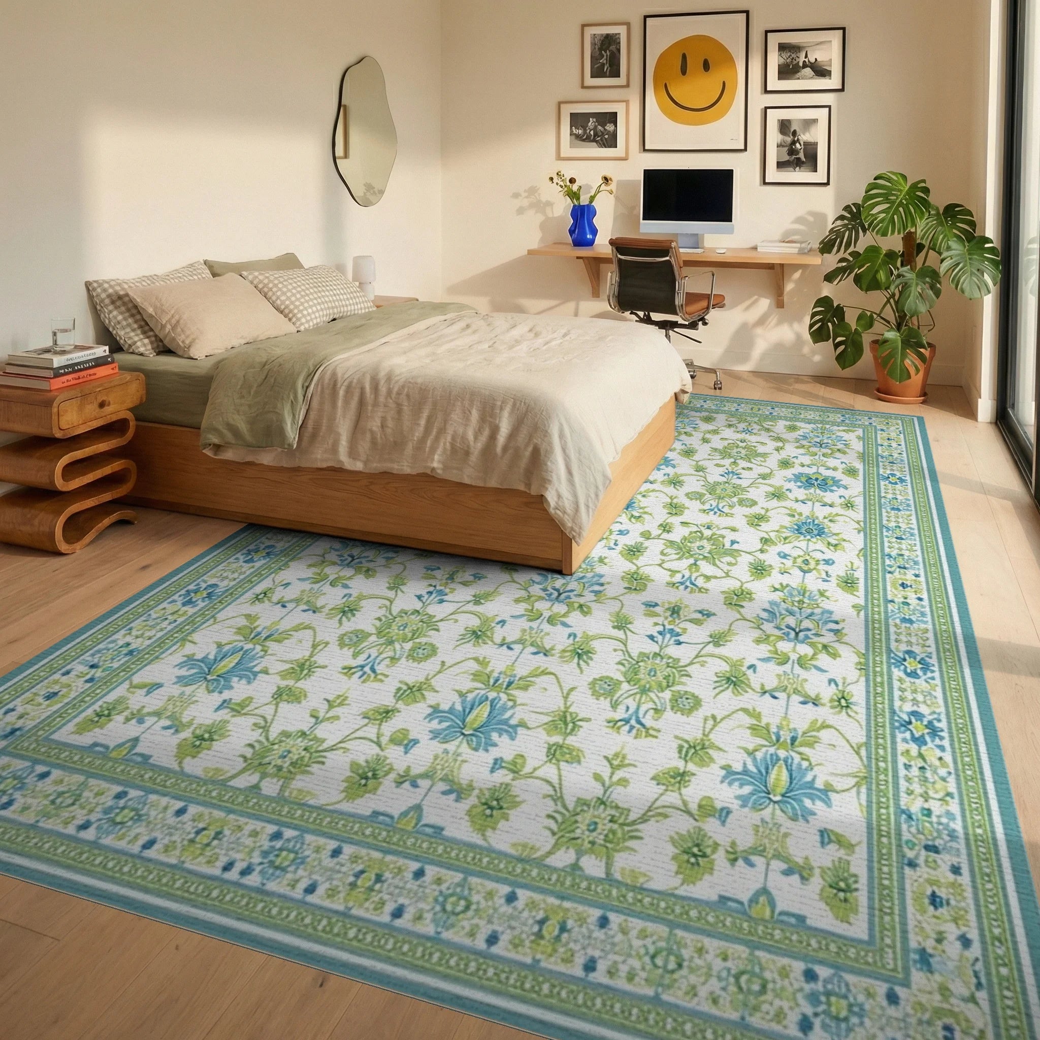 Aqua Green Floral Medallion Scrollwork Rug - Bedroom View