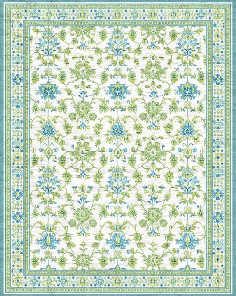 Aqua Green Floral Medallion Scrollwork Rug - Cutout View