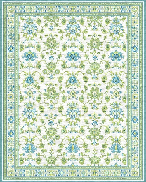 Aqua Green Floral Medallion Scrollwork Rug - Cutout View