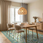 Aqua Green Floral Medallion Scrollwork Rug - Dining Room View