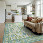 Aqua Green Floral Medallion Scrollwork Rug - Living Room View