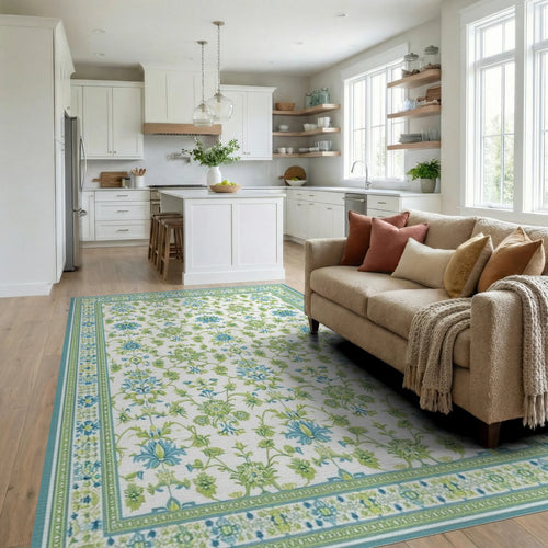 Aqua Green Floral Medallion Scrollwork Rug - Living Room View