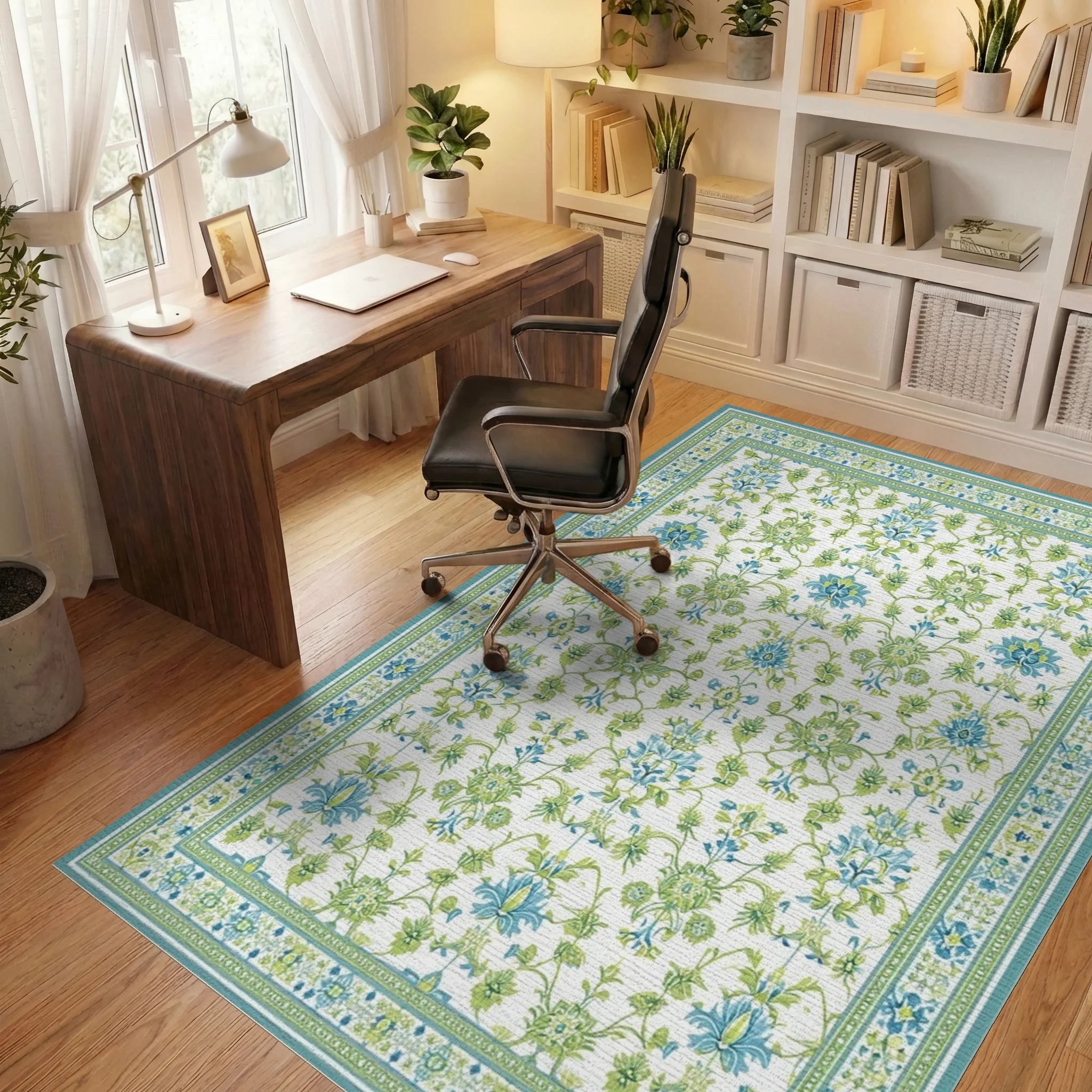 Aqua Green Floral Medallion Scrollwork Rug - Office View