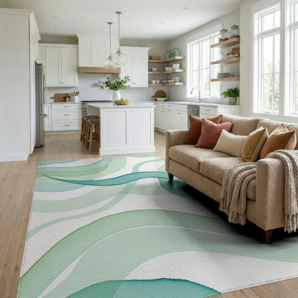 Aqua Green Watercolor Waves Design Rug Living Room View