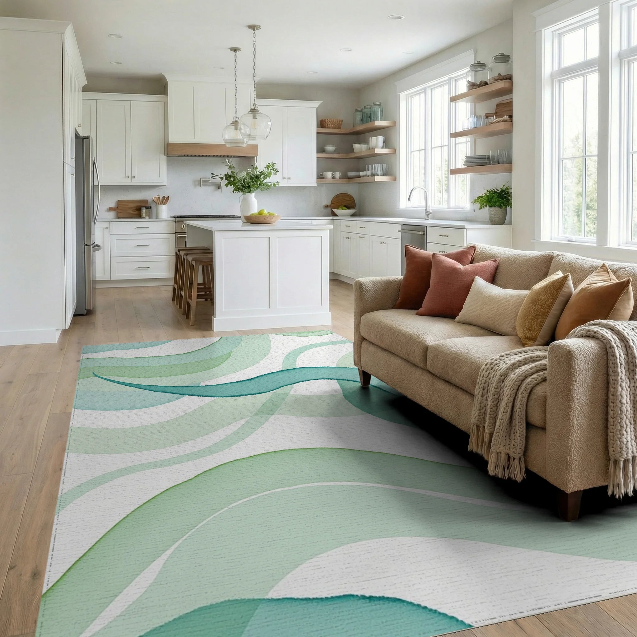 Aqua Green Watercolor Waves Design Rug Living Room View