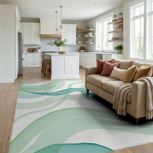 Aqua Green Watercolor Waves Design Rug Living Room View