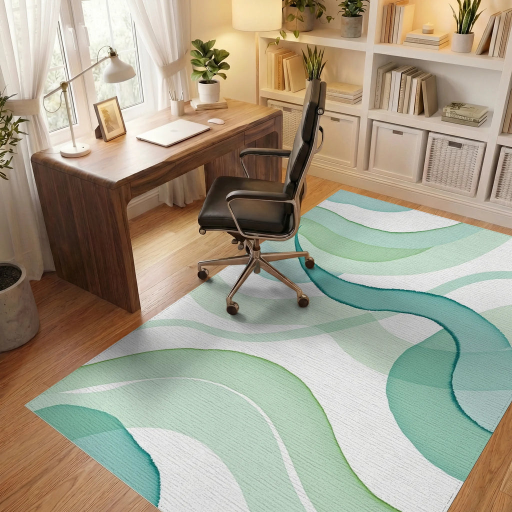 Aqua Green Watercolor Waves Design Rug Office View