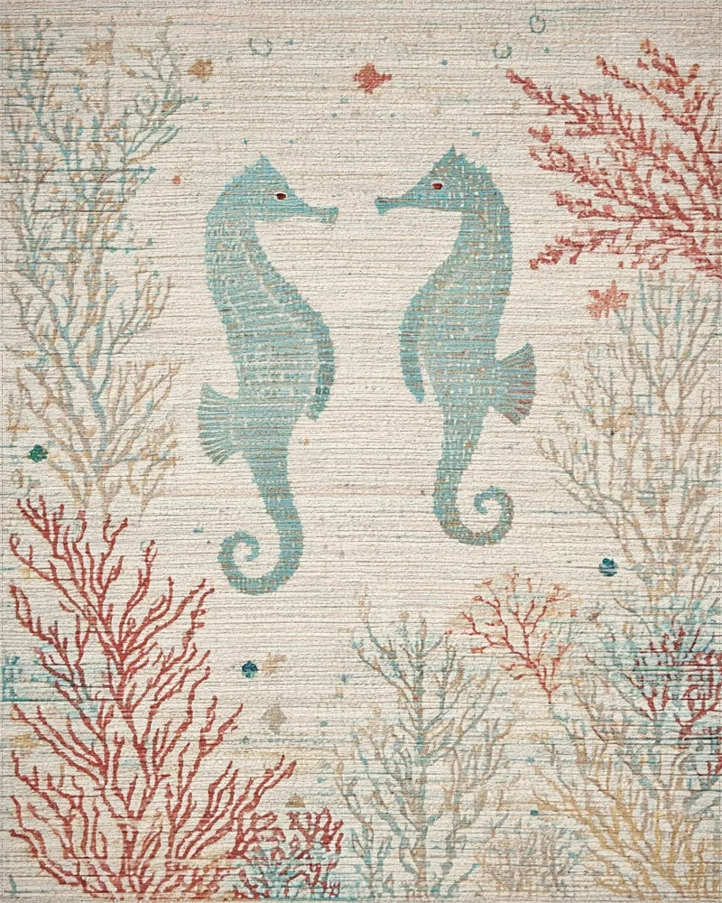 Aqua Seahorses Coral Reef Scene Rug - Cutout View