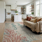 Aqua Seahorses Coral Reef Scene Rug - Living Room View