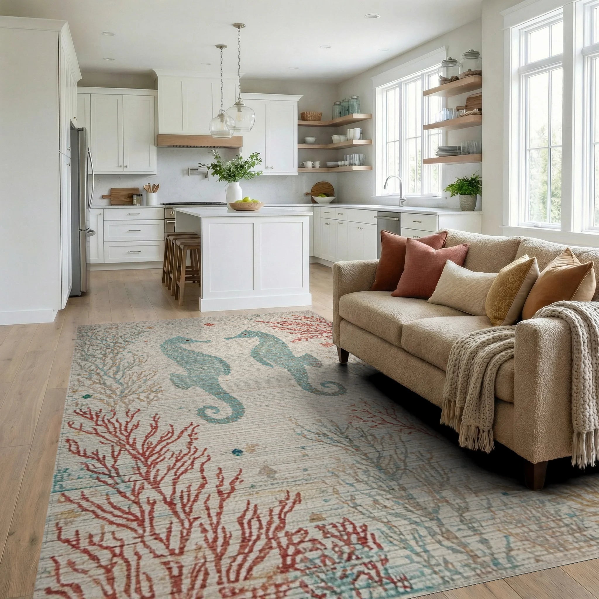 Aqua Seahorses Coral Reef Scene Rug - Living Room View