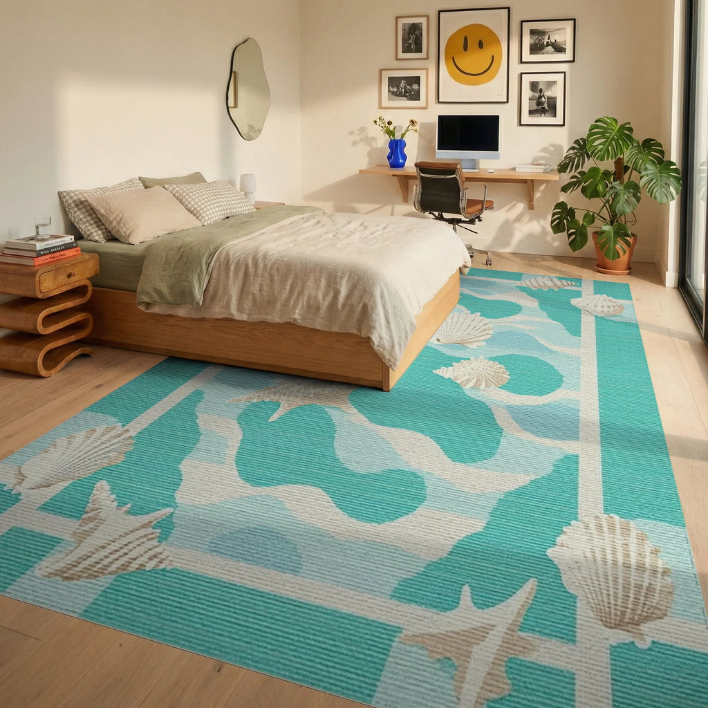 Aqua Seashell Coastal Wave Arrangement Rug - Bedroom View