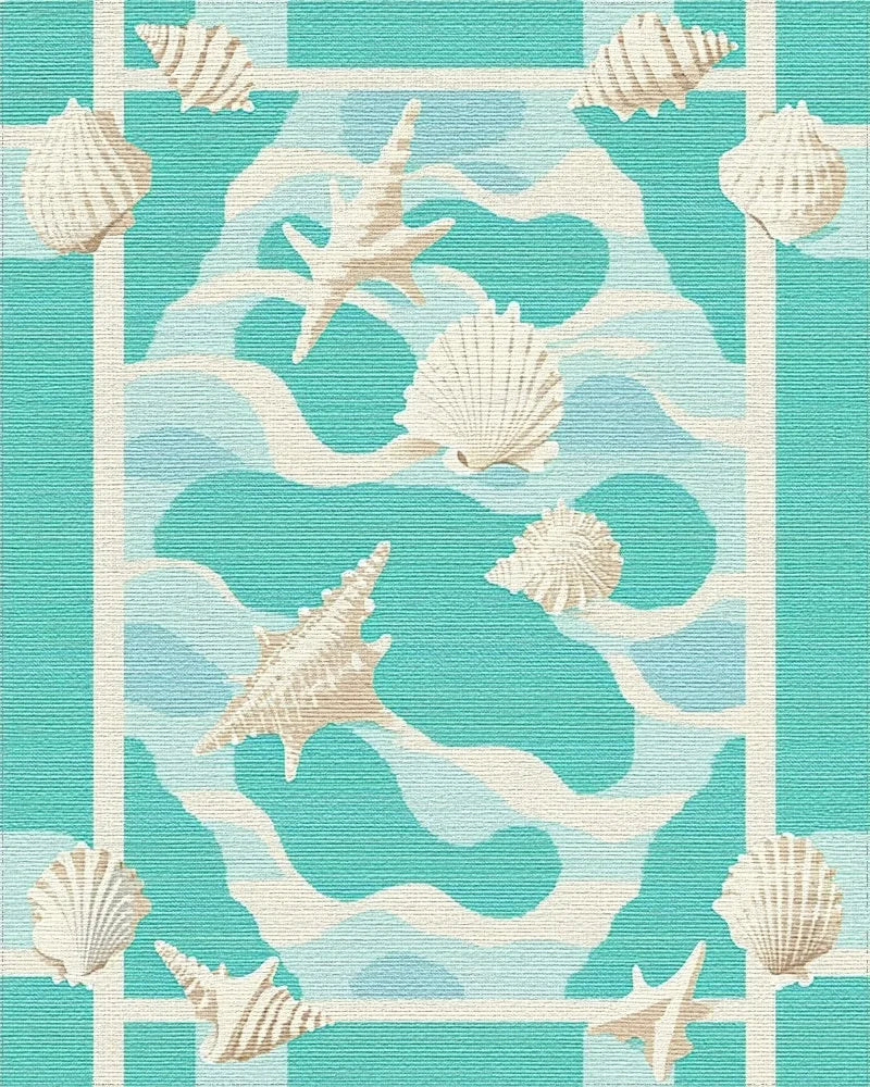 Aqua Seashell Coastal Wave Arrangement Rug - Cutout View