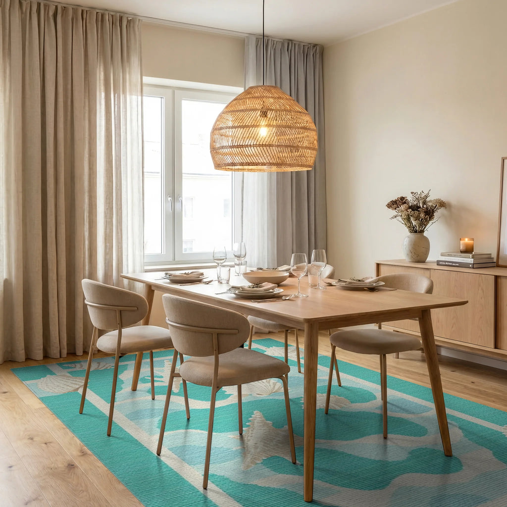 Aqua Seashell Coastal Wave Arrangement Rug - Dining Room View