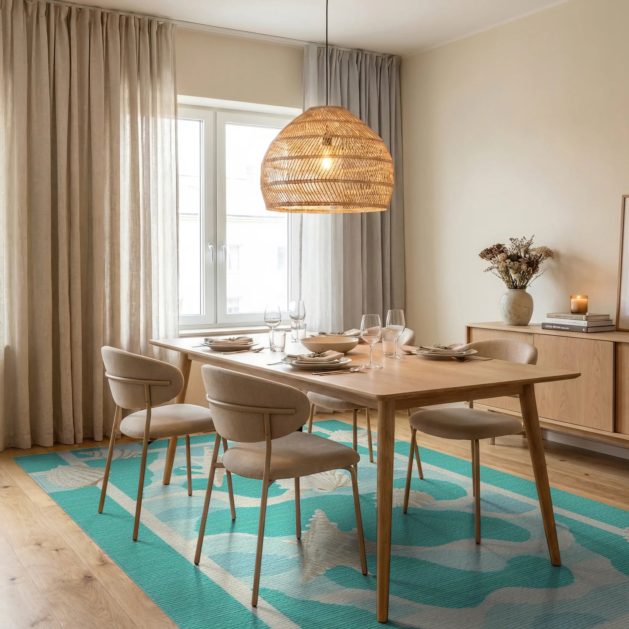 Aqua Seashell Coastal Wave Arrangement Rug - Dining Room View