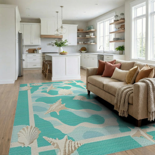 Aqua Seashell Coastal Wave Arrangement Rug - Living Room View
