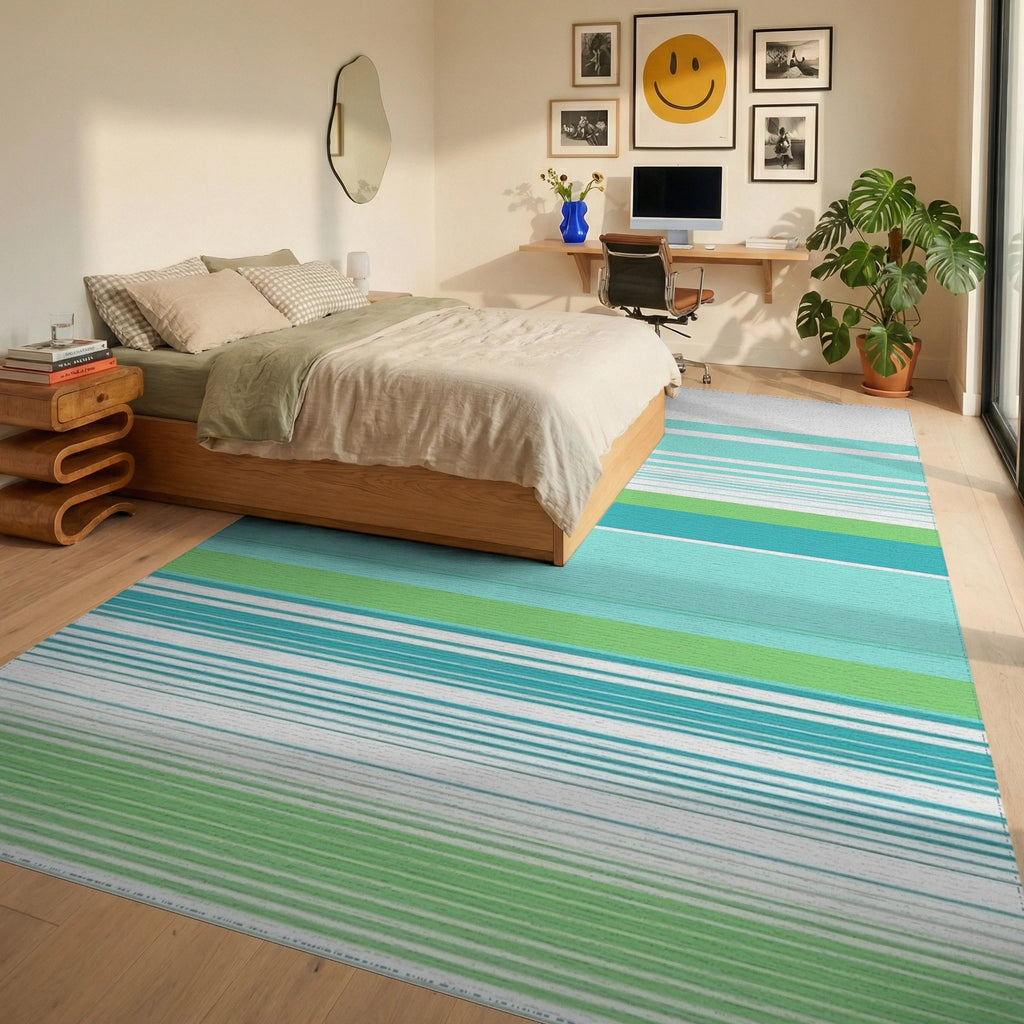 Aqua Teal Lime Striped Horizon Rug - Bedroom View