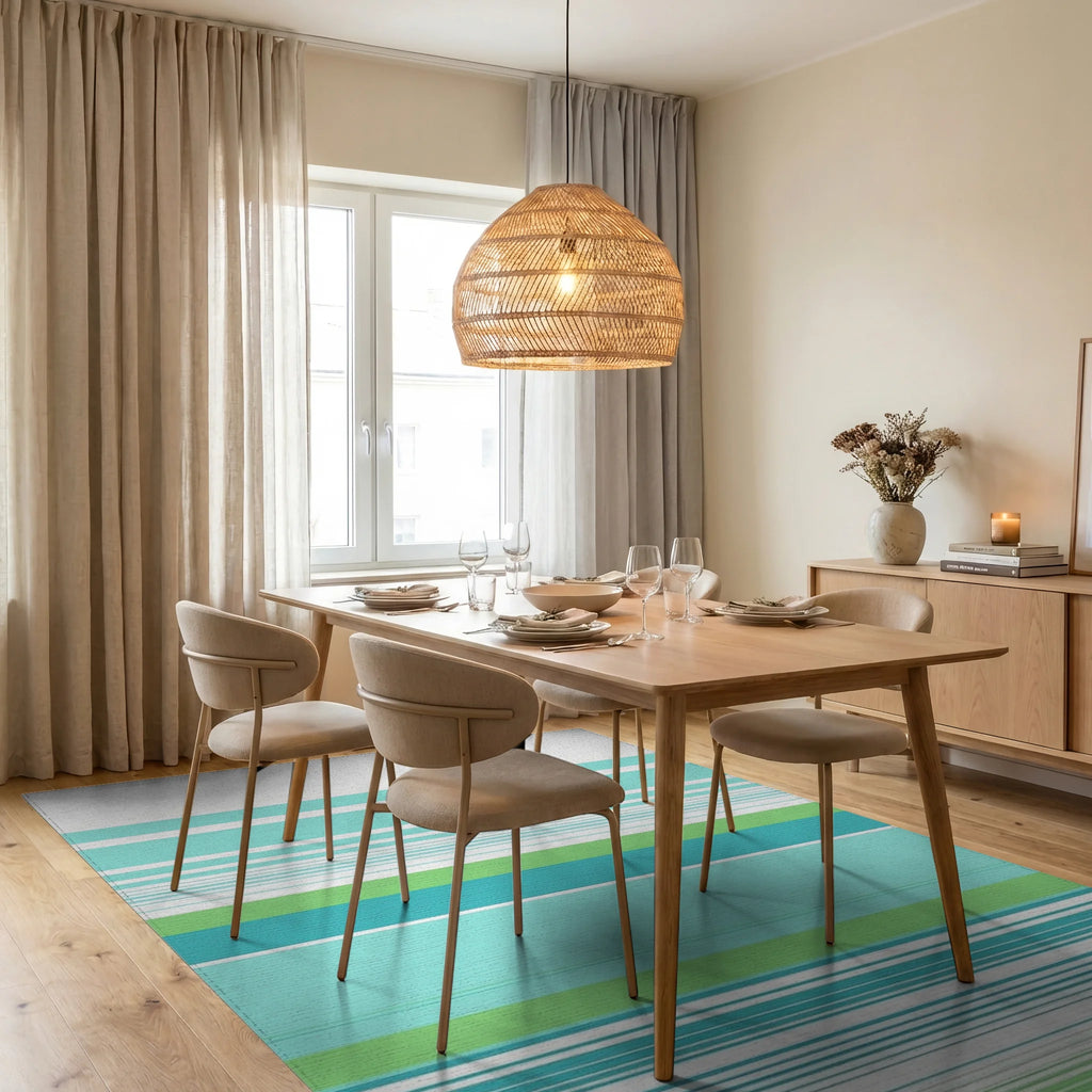 Aqua Teal Lime Striped Horizon Rug - Dining Room View