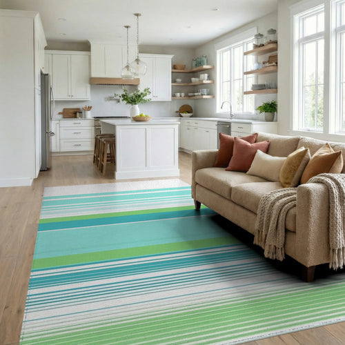 Aqua Teal Lime Striped Horizon Rug - Living Room View