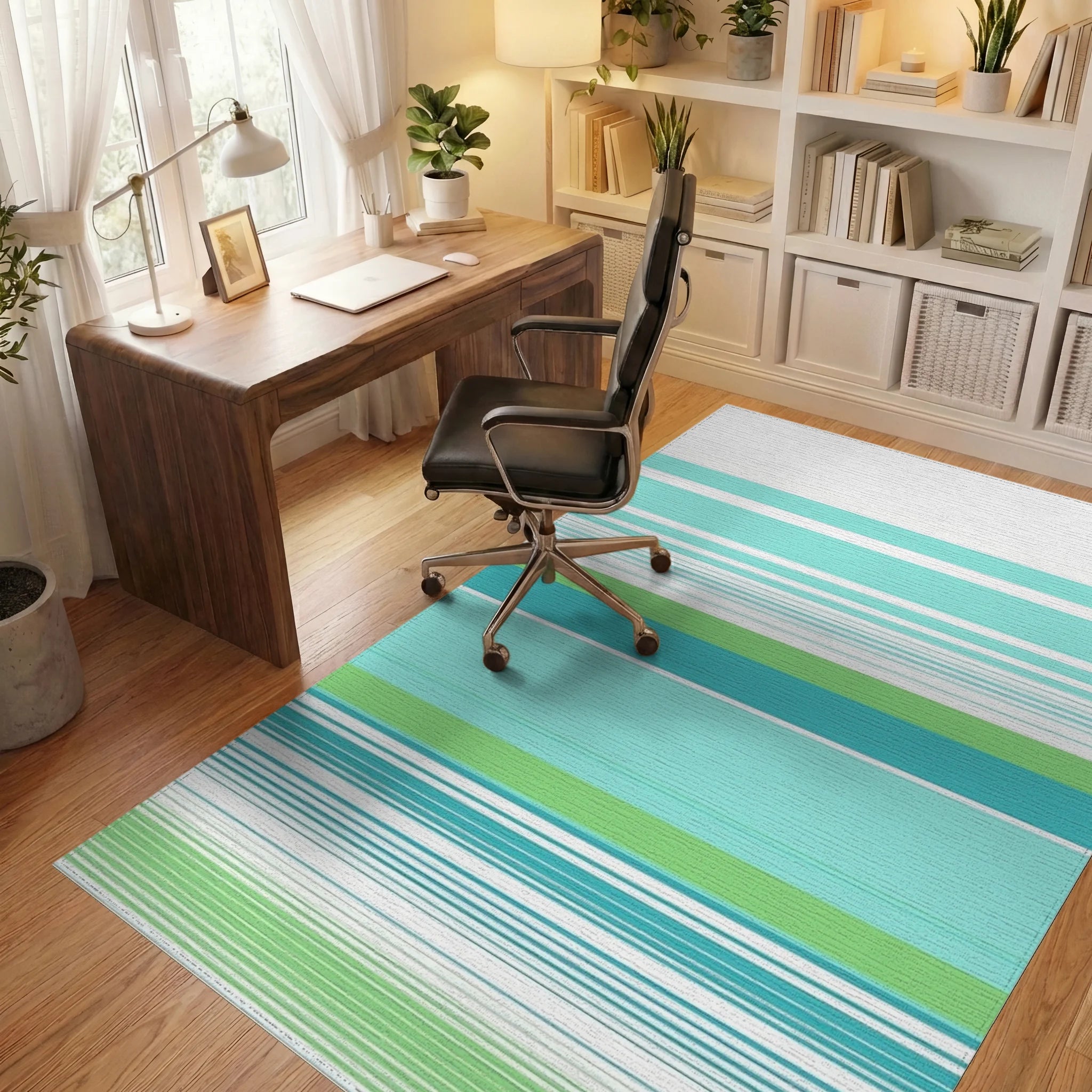 Aqua Teal Lime Striped Horizon Rug - Office View