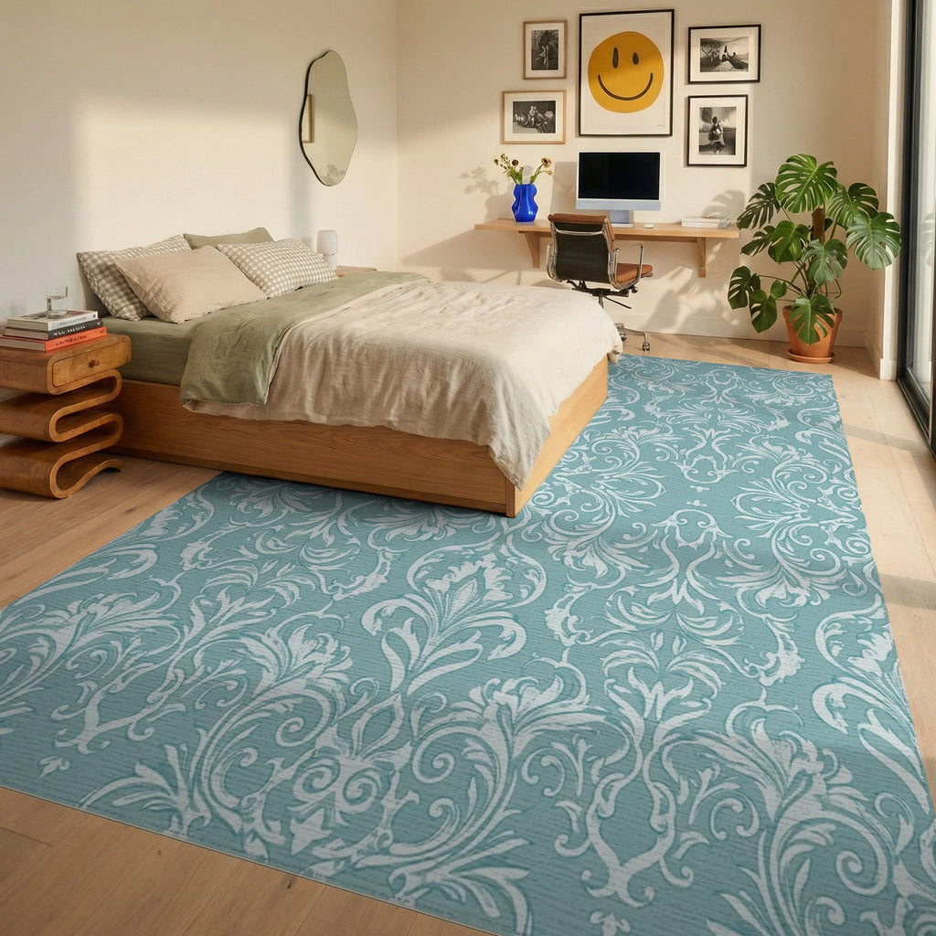 Aqua White Elaborate Scrollwork Rug Bedroom View