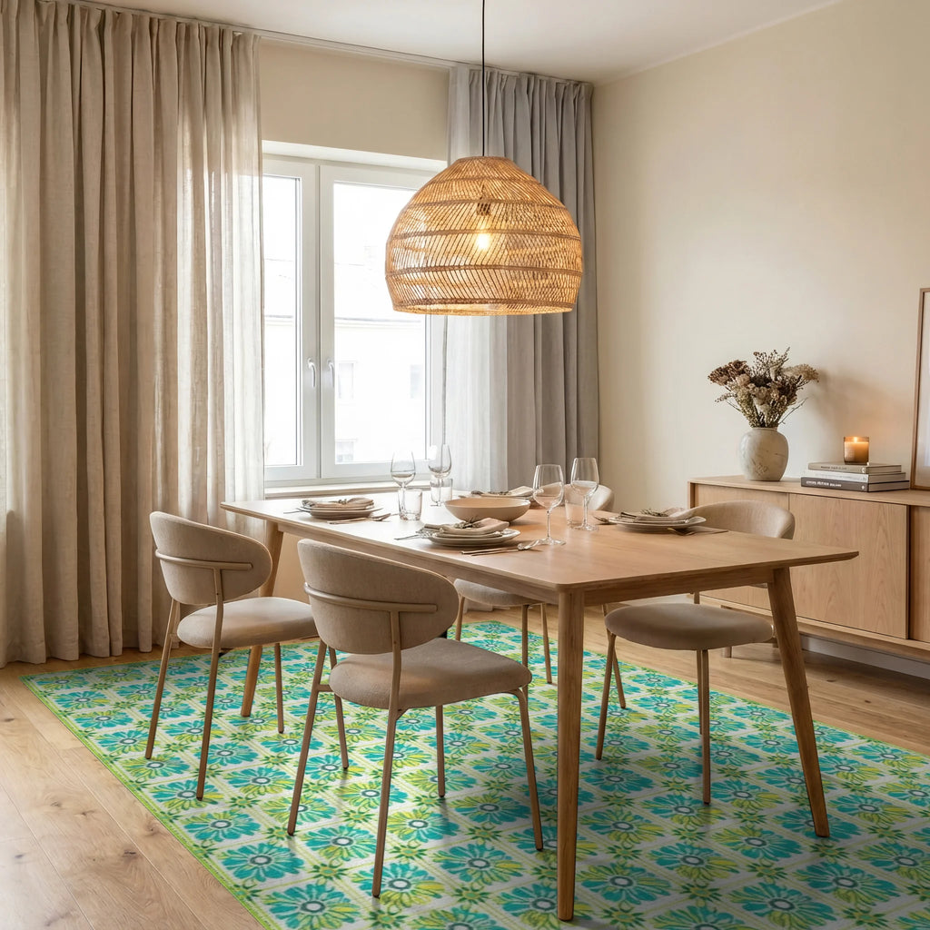 Aqua Yellow Floral Garden Pattern Rug - Dining Room View