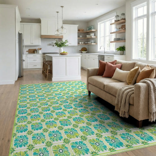 Aqua Yellow Floral Garden Pattern Rug - Living Room View