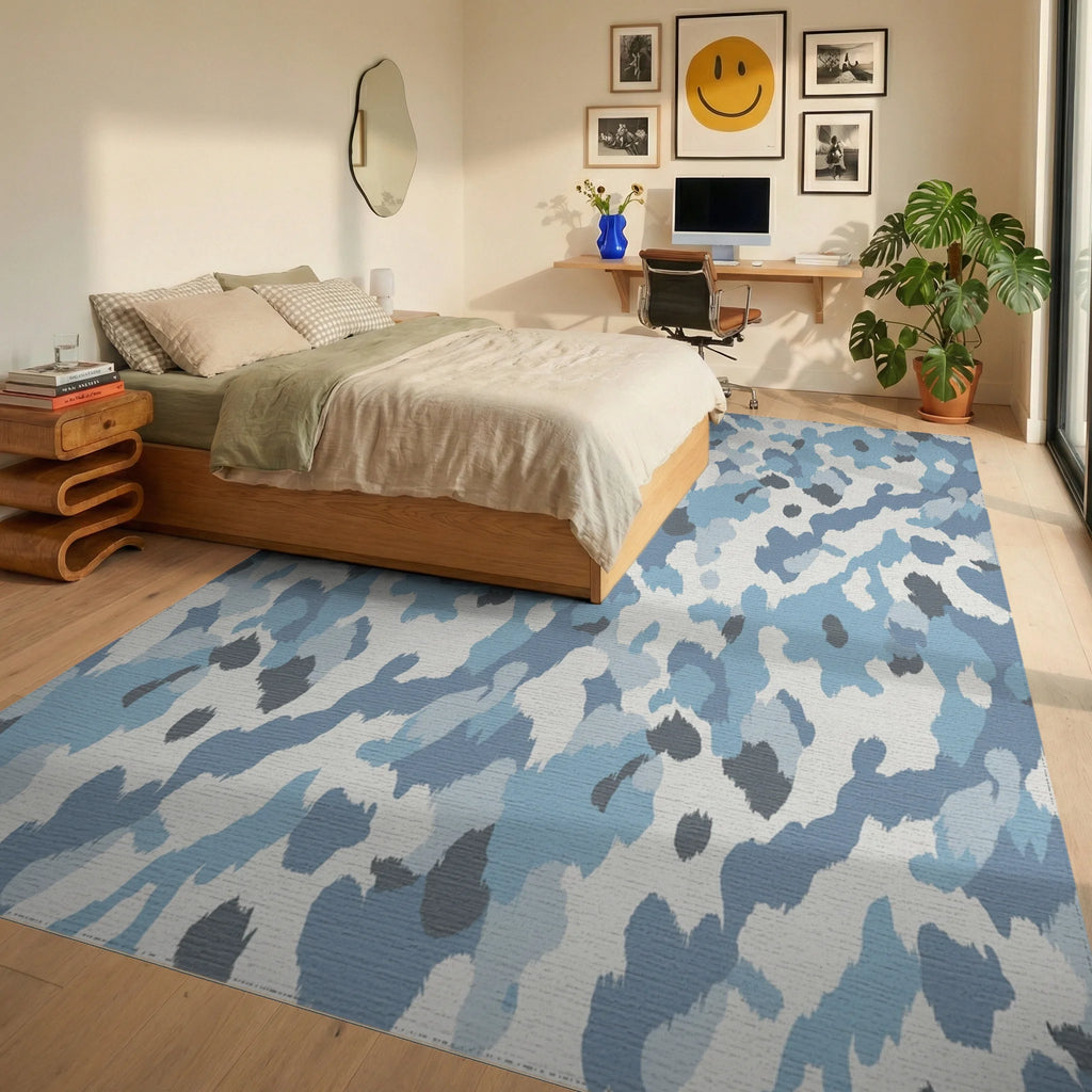Arctic Blue Camouflage Abstract Splatter Rug Bedroom View