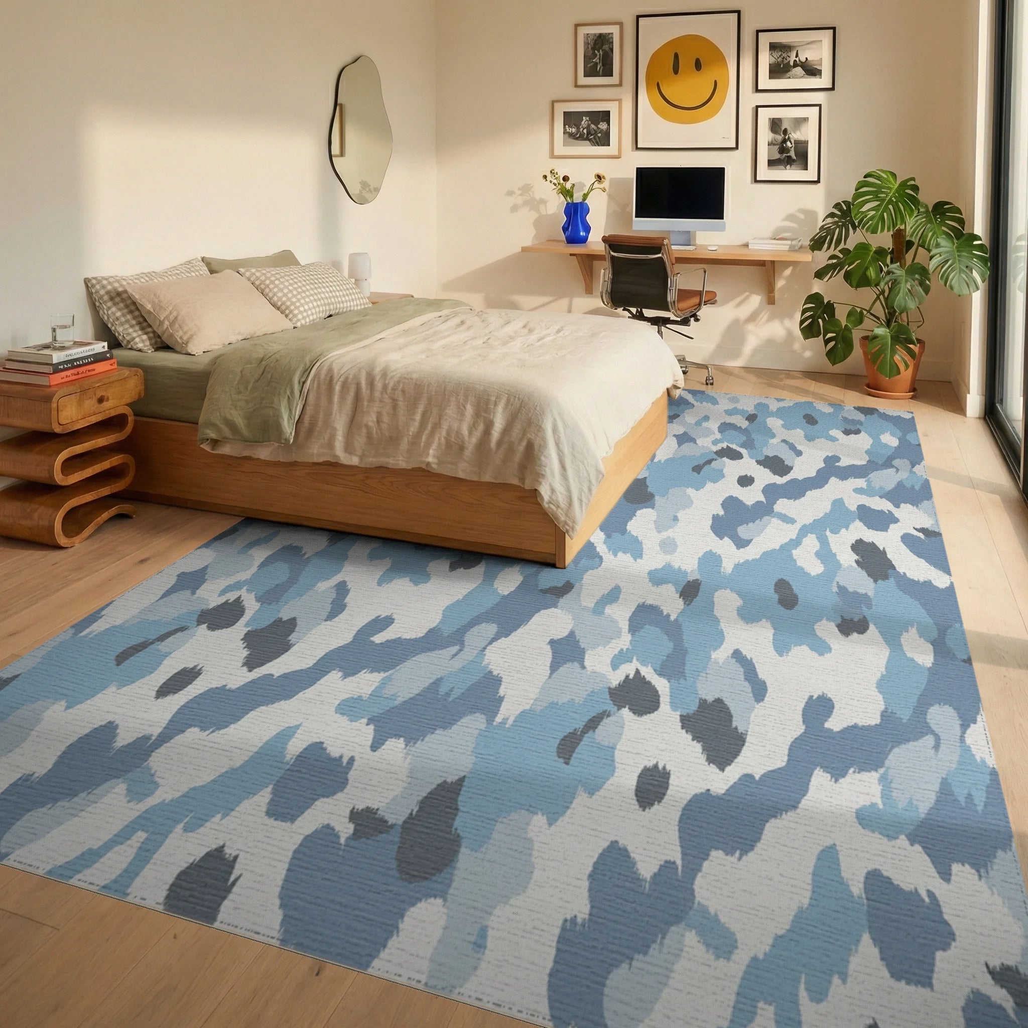 Arctic Blue Camouflage Abstract Splatter Rug Bedroom View