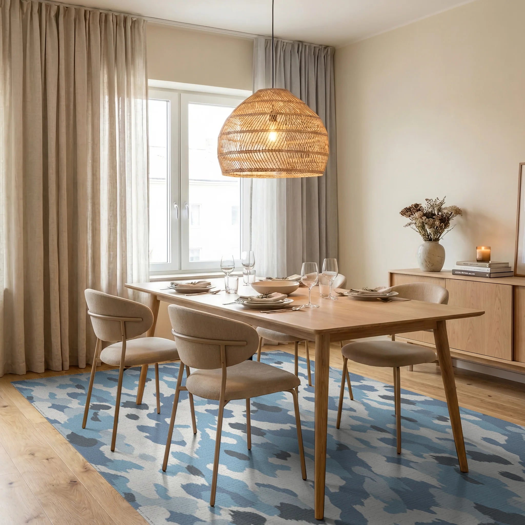Arctic Blue Camouflage Abstract Splatter Rug Dining Room View