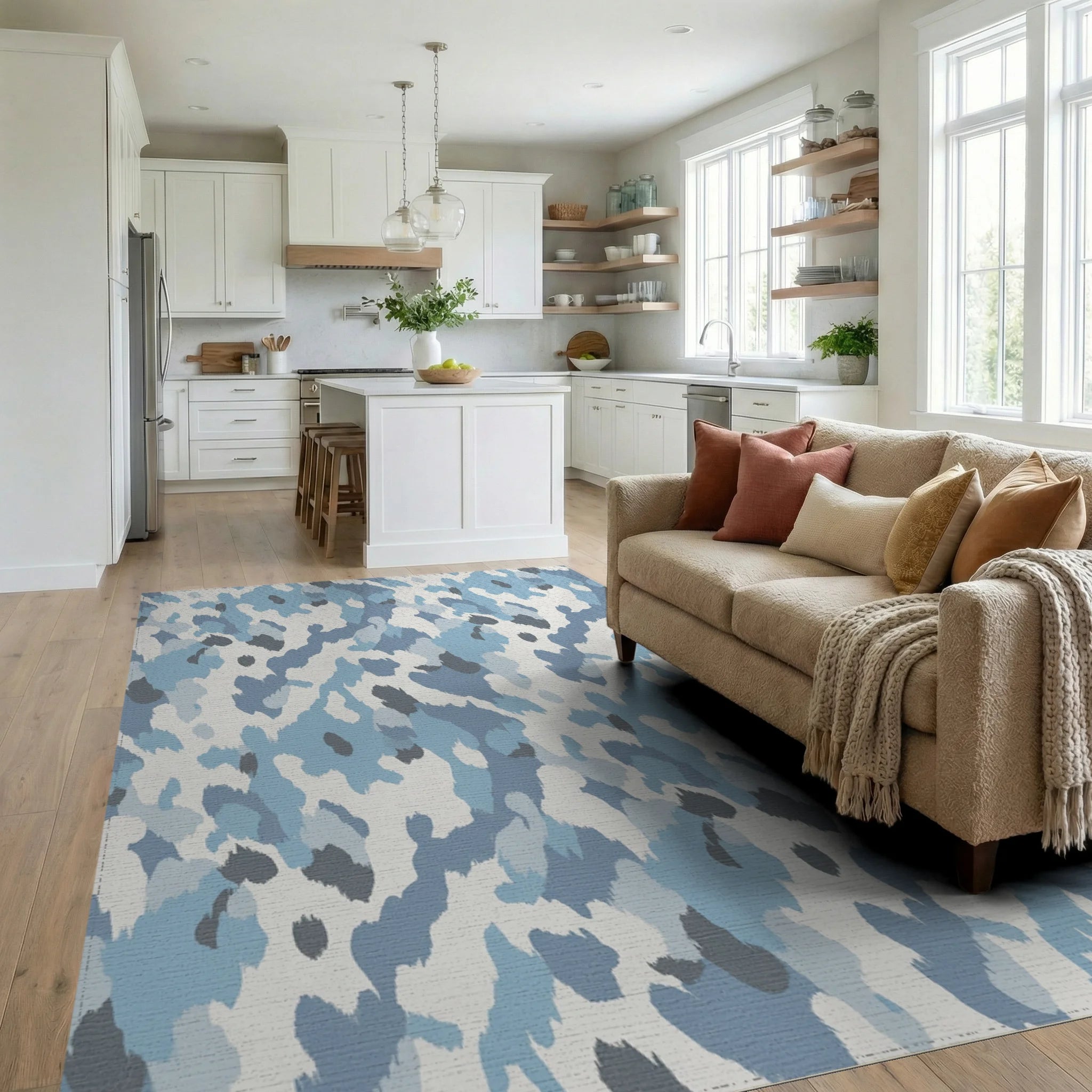 Arctic Blue Camouflage Abstract Splatter Rug Living Room View