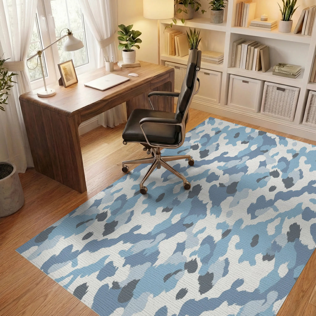 Arctic Blue Camouflage Abstract Splatter Rug Office View